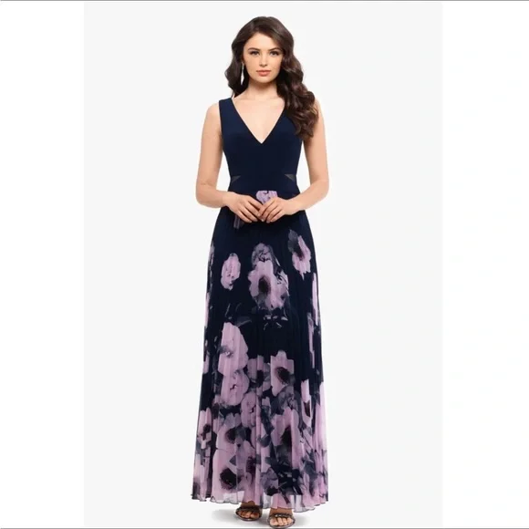 XSCAPE Illusion-Inset Floral Print Gown
